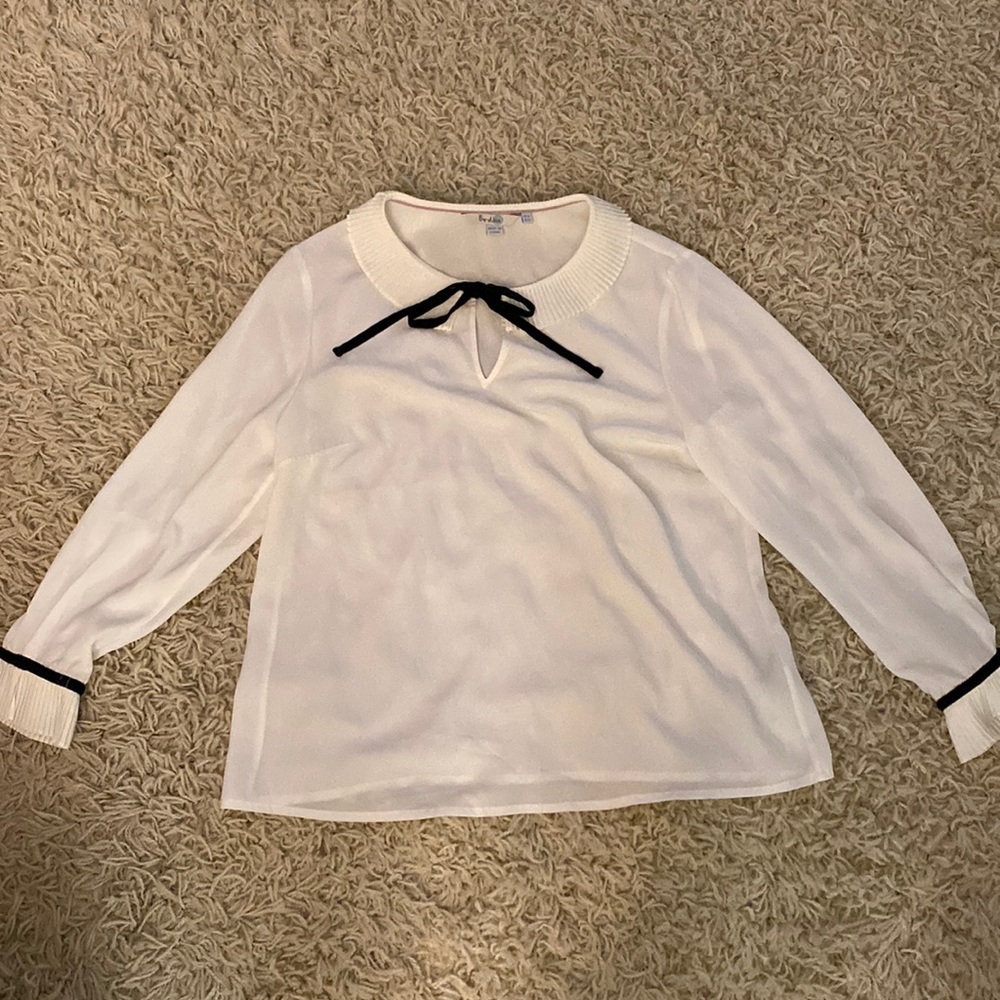 Boden White Blouse with Pleated Collar and Velvet Bow